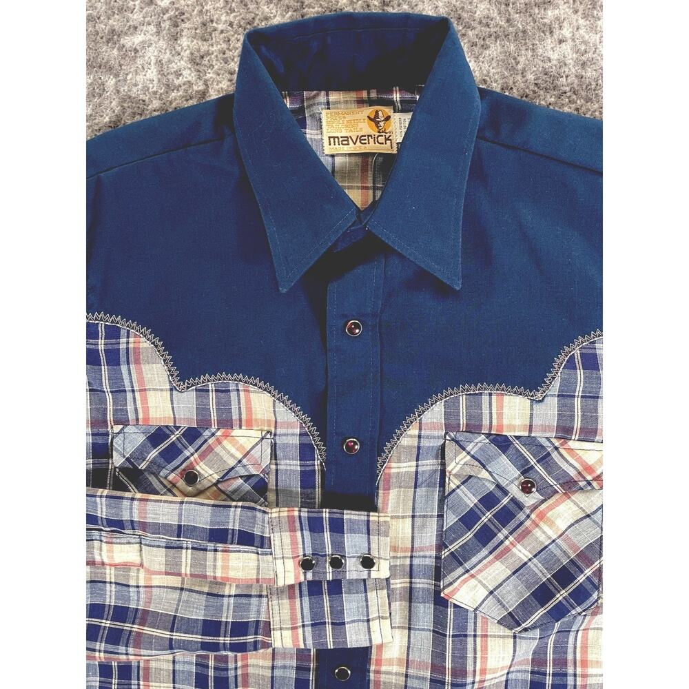 Vintage Maverick Western Pearl Snap Shirt Mens Size Medium Blue Brown Plaid